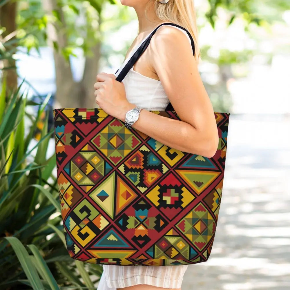 African Ankara Prints Grocery Shopping Tote Bags Women Geometric Ethnic Art Canvas Shoulder Shopper Bags Big Capacity Handbag