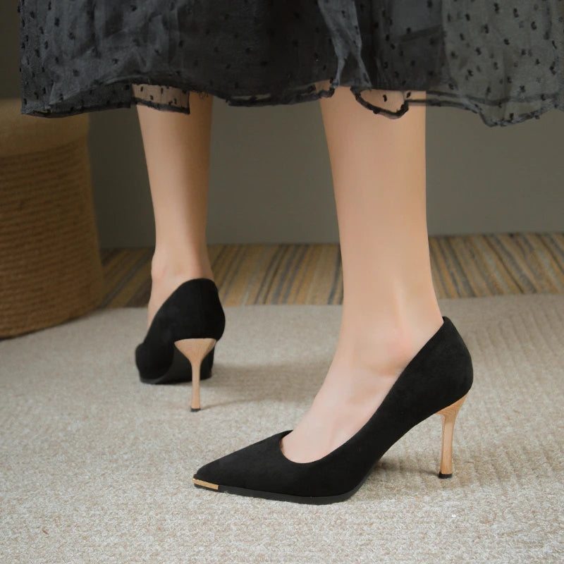 NEW Women's Style Banquet Fashion Light Luxury 6 8cm High Heels Pumps Stiletto Metal Pointed Suede Single Fashion Casual comfort