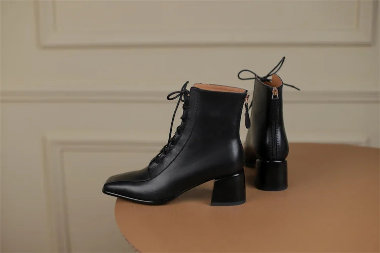 2026 Fashion Women Shoes Split Leather Short Boots Square Toe Chunky Boots Winter Shoes Women Solid High Heel Boots for Women