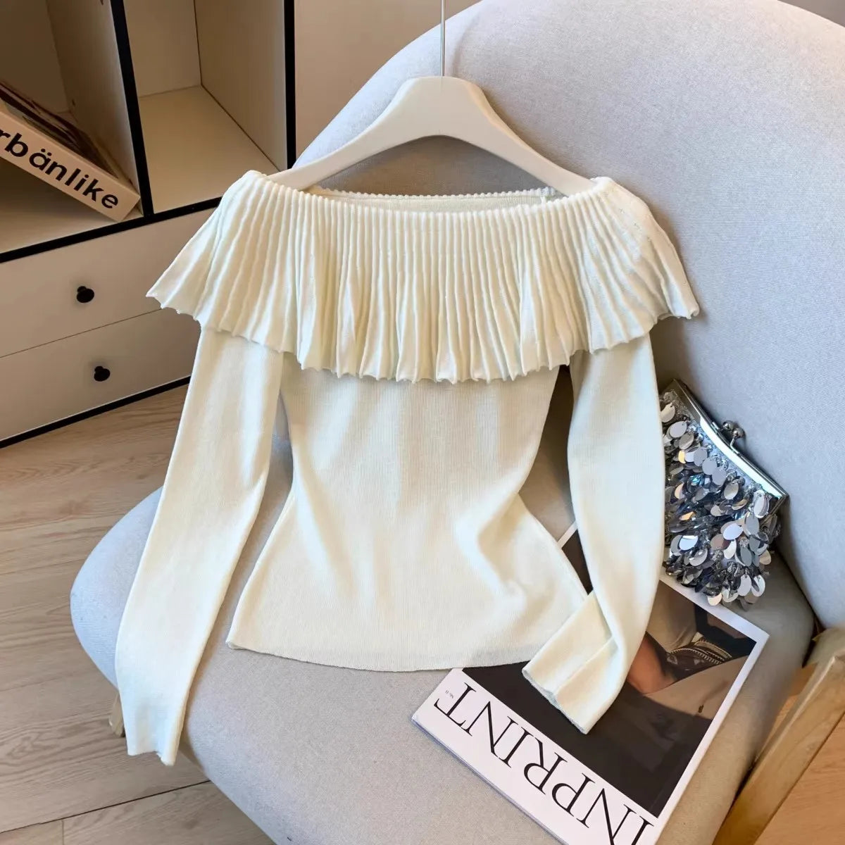 Women's Solid Color Slash Neck Ruffles Sweater Short Pullover Korean Fashion Chic Retro Style for Autumn Winter
