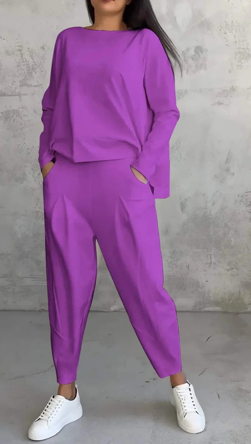 Tracksuits Women's Trousers Suit O-neck Long Sleeve Loose T-shirt Solid Color Trousers Pocket Simple 2-piece Set Loungewear