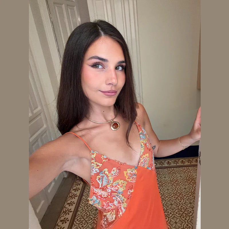Sexy Women's Sequined Flower Long Orange Sling Dress Deep V Neck Sleeveless Backless Dresses 2026 Summer Holiday Party Robes New