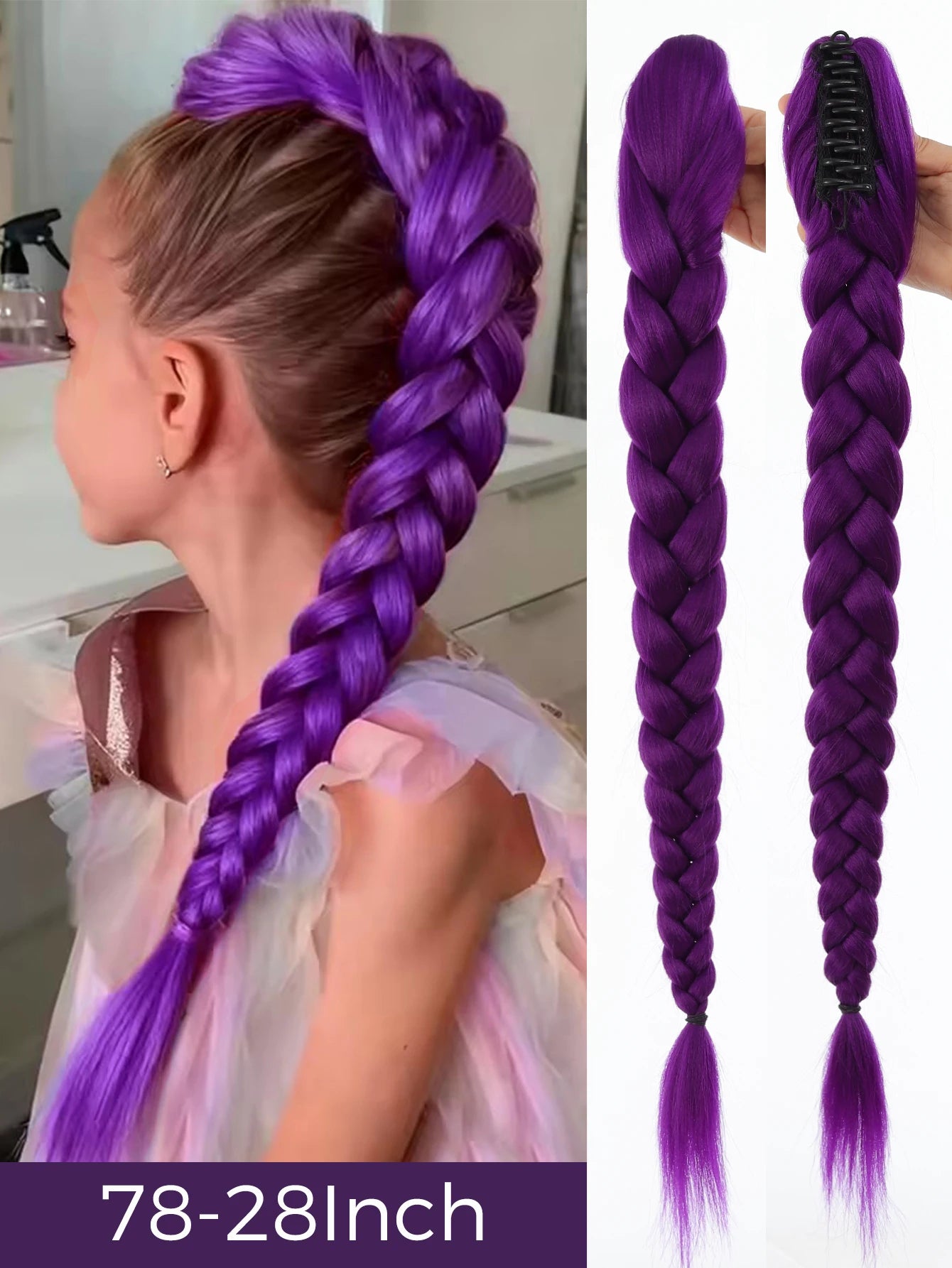 Synthetic 26inch Long Ponytail with Clips Braided Purple Hair Ponytail Rumi Costume Hairstyle for Kids Girls Halloween Christmas