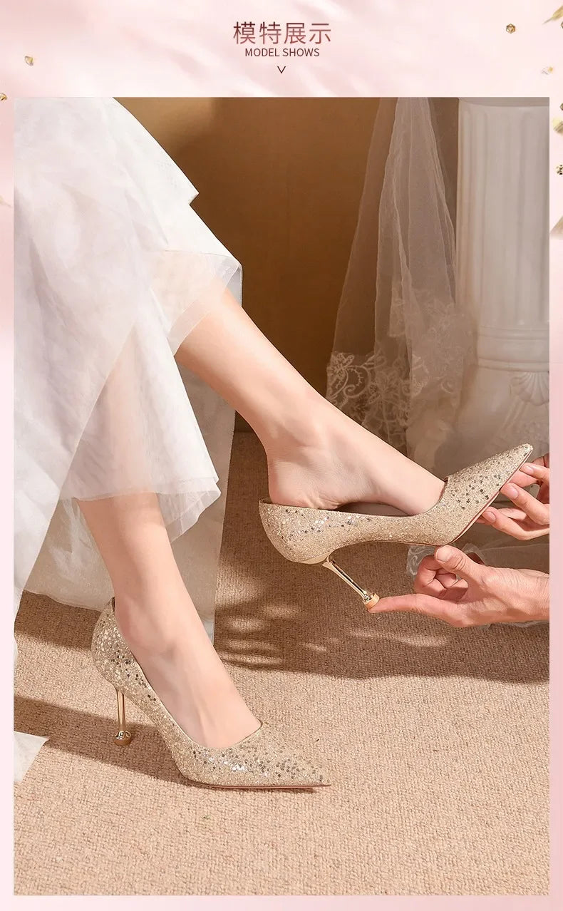 2025 New Women Pumps High Heel Metal Pointed Toe Shallow Sexy Ladies Bling Bridal Wedding Women Shoes White High Heels