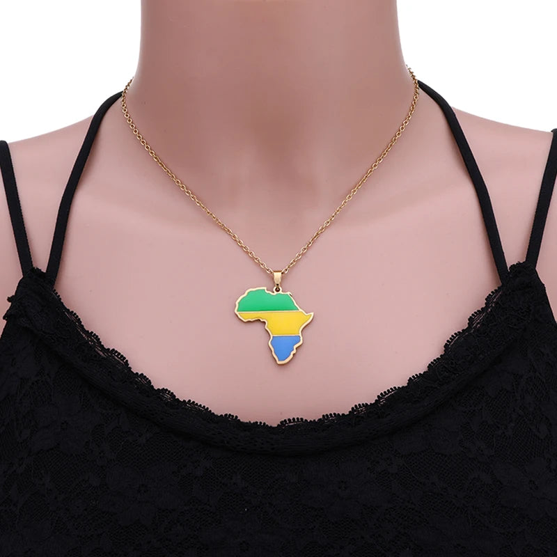 African Map Flag Pendant Necklace Stainless Steel Men Women Rwanda Sudan Uganda Zimbabwe Zambia Ethnic Maps Jewelry Gift