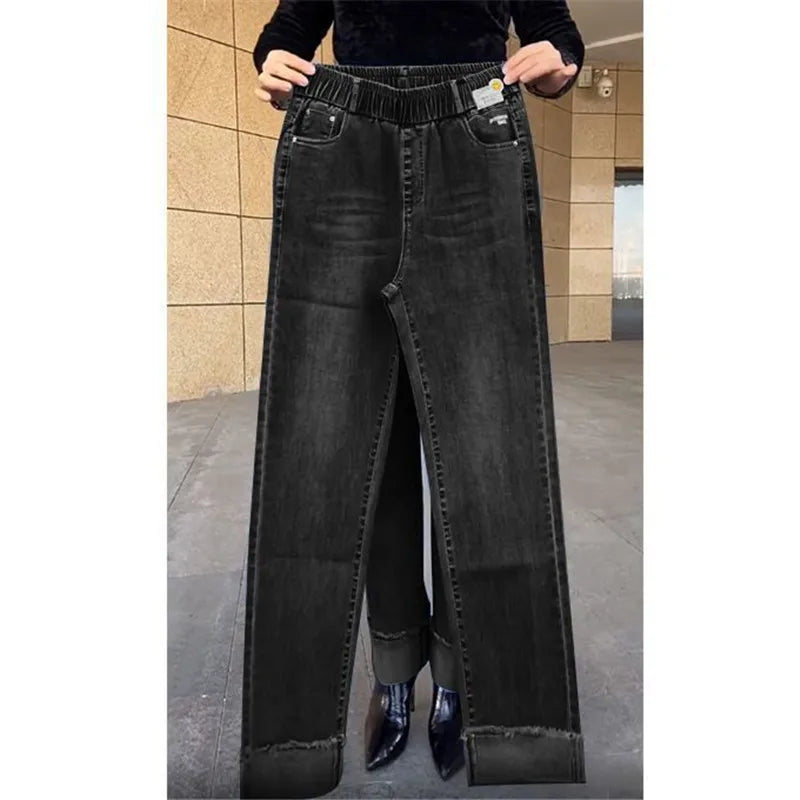 Plus Size Middle Aged Womens Jeans Elastic Waist High Waist Loose Denim Pants