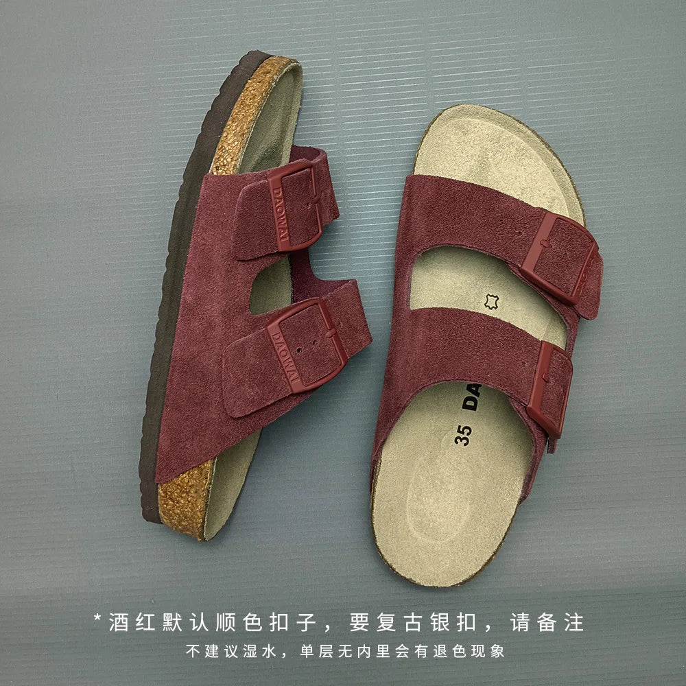 Genuine Leather Men Women Cow Suede Slippers Boy Girl Beach Slides Classic Cork Footbed Women Sandals  With Orthopedic Diabetic