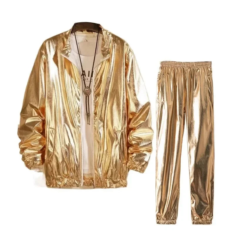 Men's Sets Shiny Metallic Suits Adult Disco 2 Piece Outfit Jacket Pants Halloween Dress Up Nightclub Stage Party Jackets Costume