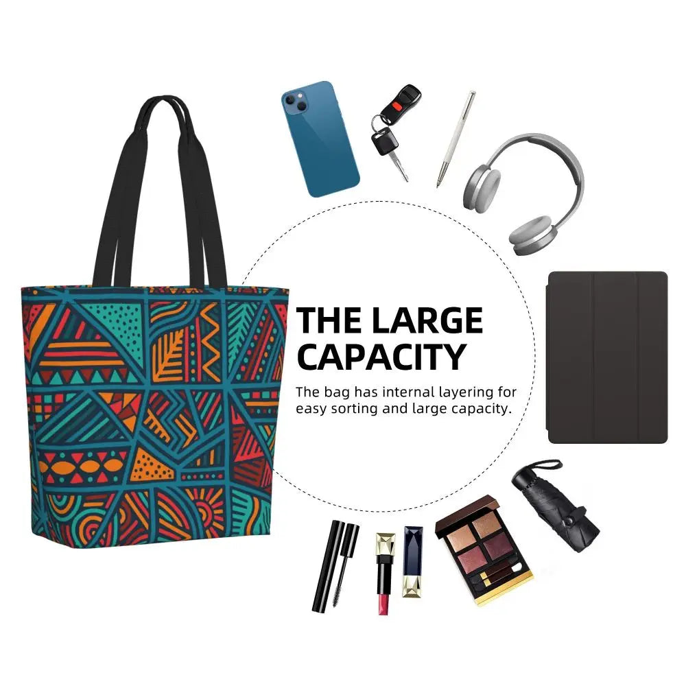 African Ankara Prints Grocery Shopping Tote Bags Women Geometric Ethnic Art Canvas Shoulder Shopper Bags Big Capacity Handbag