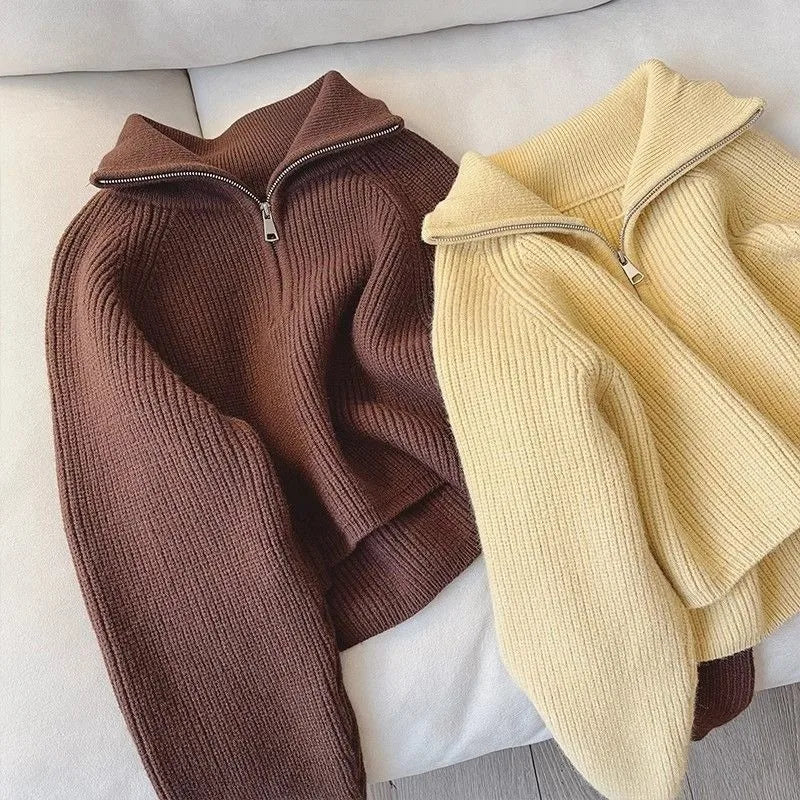 2024 Autumn New Korean Style Versatile Basics Half-zipper Loose Lapel Winter Long-sleeved Lazy Sweater Pullover Top