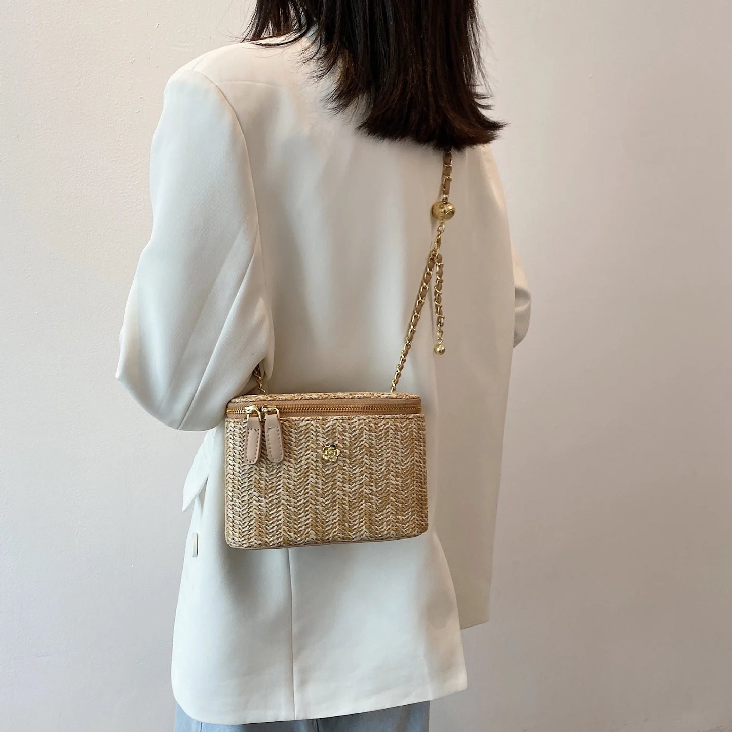 2023 Mini Straw Bucket Crossbody bag For Women Summer Weave Women's Brand Handbags And Purses Fashion Chain Simple Shoulder Bags