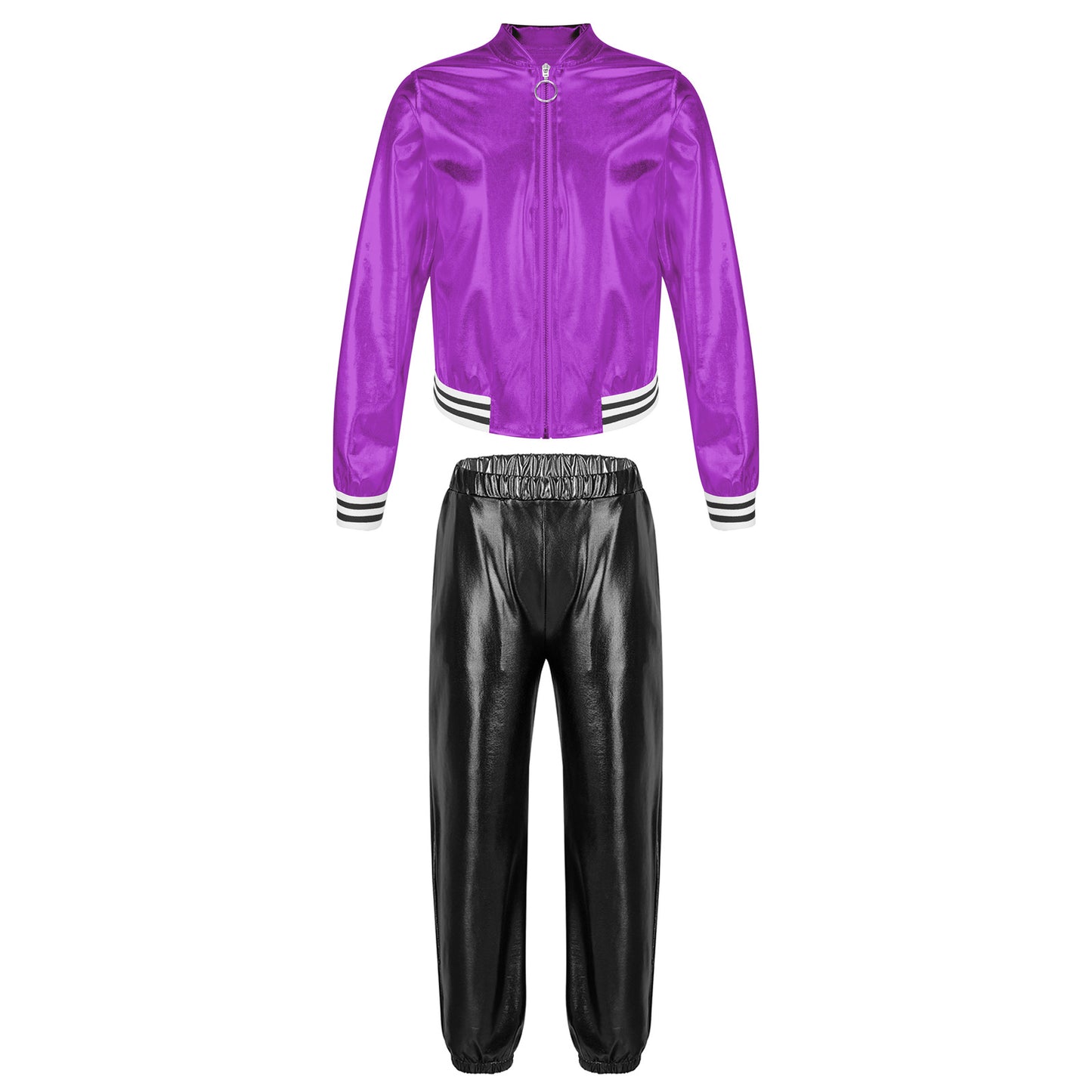 Kids Girls Sports Outfits Jazz Hip Hop Street Dance Costume Shiny Metallic Long Sleeves Bomber Jacket Coat with Pants Streetwear