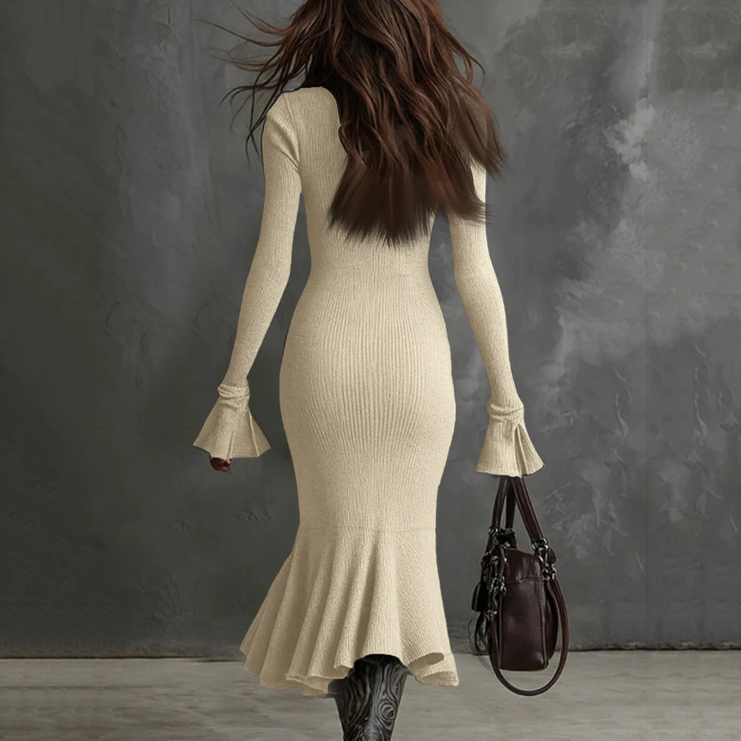 Fall Winter Sweater Dress Quarter Zip Bell Sleeve Mermaid Knit Bodycon Long Dress Trendy Chic Slim Fit Flared Hem Party Dress