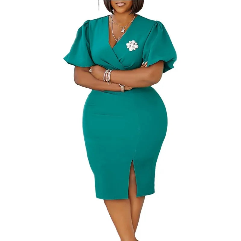 African Dress for Women with Brooch Sexy Elegant Puff Short Sleeve V Neck Corset Bodycon Office Lady Wedding Guest Work Dress