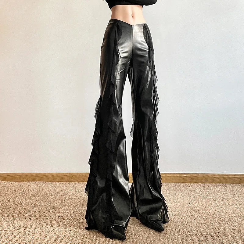 Punk Style PU Leather Pants Gothic Black Lace-paneled Trouser Sexy High-waisted Slim Flared Pants 2026 Summer Women's Clothing