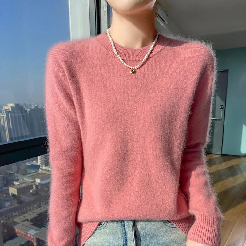 Autumn and winter women's semi high neck pullover sweater solid color knitted slim fit women's 100 mink cashmere sweater new sty
