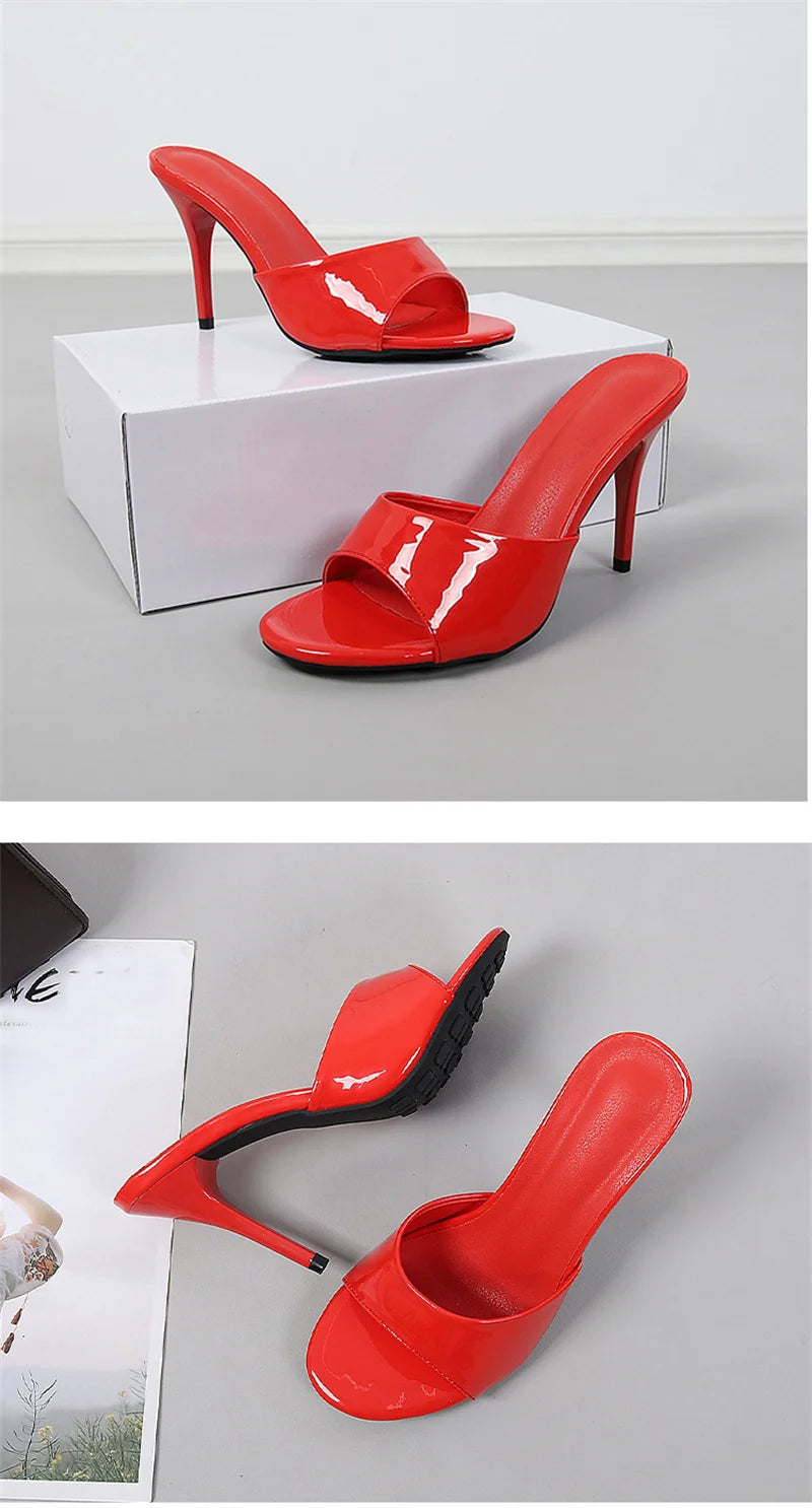 Liyke Black Patent Leather Women Slippers Sandal Fashion Round Open Toe Mules High Heels Slides Summer Party Dress Shoes Size 43