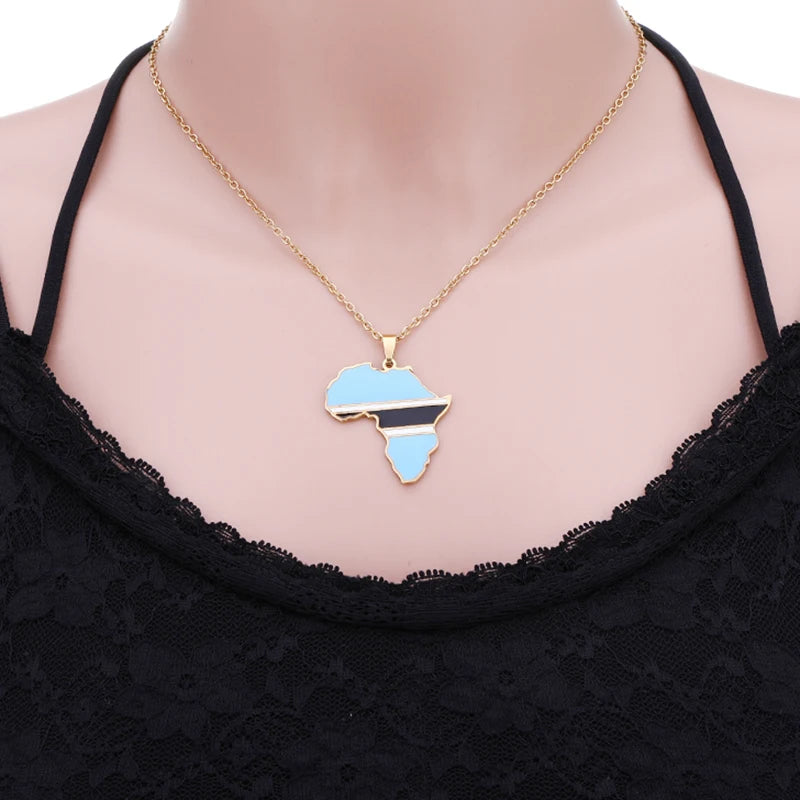 African Map Flag Pendant Necklace Stainless Steel Men Women Rwanda Sudan Uganda Zimbabwe Zambia Ethnic Maps Jewelry Gift