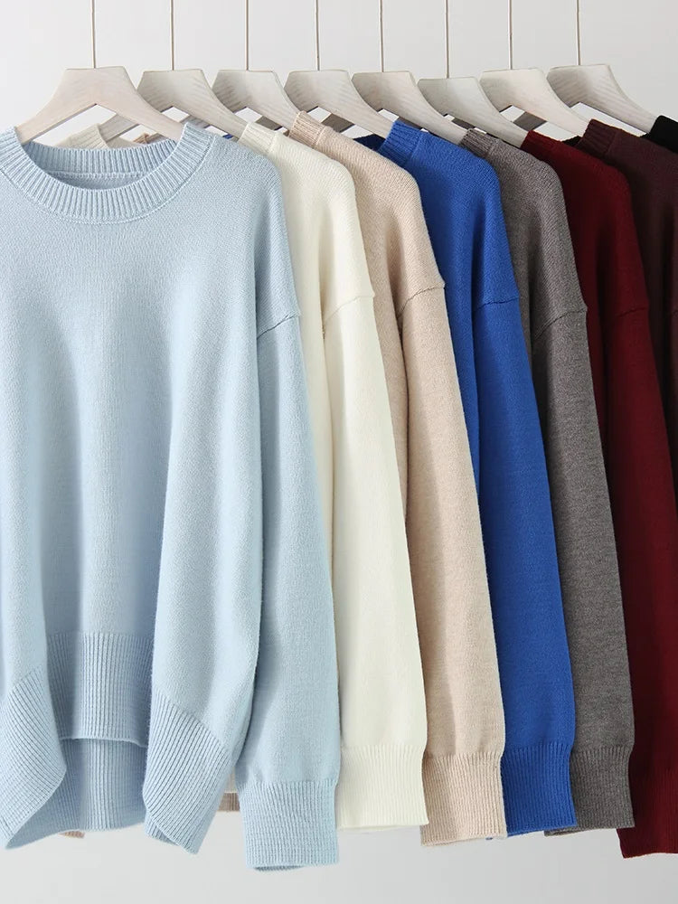 Oversize Burgundy Womens O Neck Knitwear Sweater Warm Winter Pullover