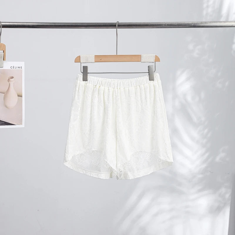 Green Velvet Lace Trim Shorts Women's Casual High-waist Straight Short Pants 2026 New Ladies Summer Vacation Beach Outfit