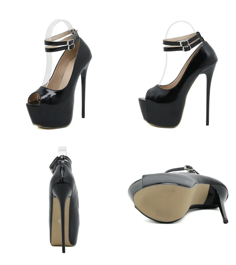 Fashion Design Double Buckle Strap Platform Sandals Women Pumps Sexy Peep Toe 16.5CM Super High Heels Stripper Shoes White