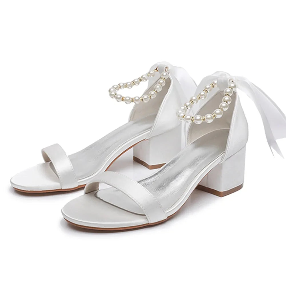 String Bead Sandals for Women Summer Peep Toe Sandals Ladies Fashion Ribbon Bow Thick High Heels Sexy Wedges Wedding Shoes 35-43