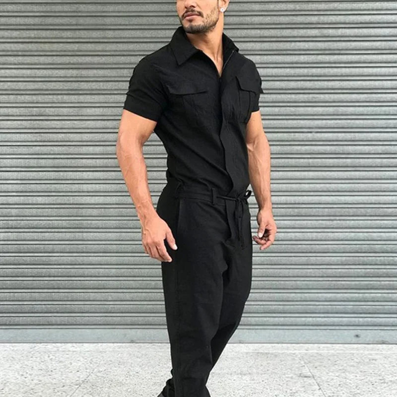 Multi-pocket Overalls Men's Jumpsuits Short Sleeves Trousers Suits Zippered Jumpsuits Men's Overalls Belted Jumpsuits