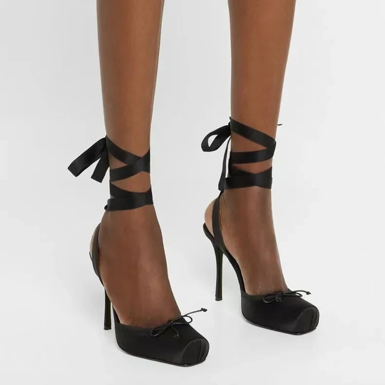 2025 Spring New Square-Toe High Heels Bow Knot Peep-Toe Platform Sandals for Women, Sexy Evening Party Club Wedding Shoes
