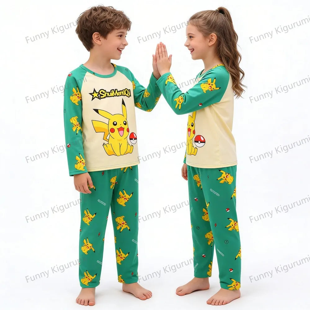 Cartoon Pijamas for Kids 3 to 5 7 9 11 13 Years Clothing Sets Boys Home Wear Girls Full Sleeve Pikachu Pajamas Teen Loungewear