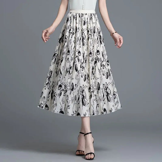 Women's Floral Print Chiffon Midi Skirt High Waist A Line Flowy Casual Summer Long Skirt