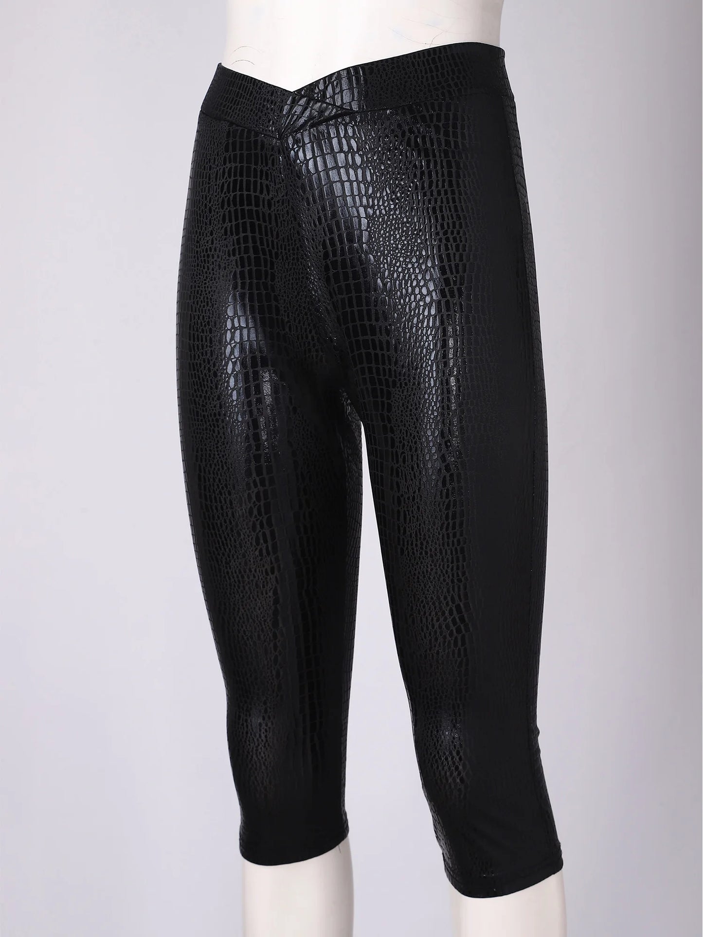 Womens Tights Skinny Pants Metallic Shiny Snake-skin Pattern Capri Pants V-shape Elastic Waistband Rave Party Nightclub Costume