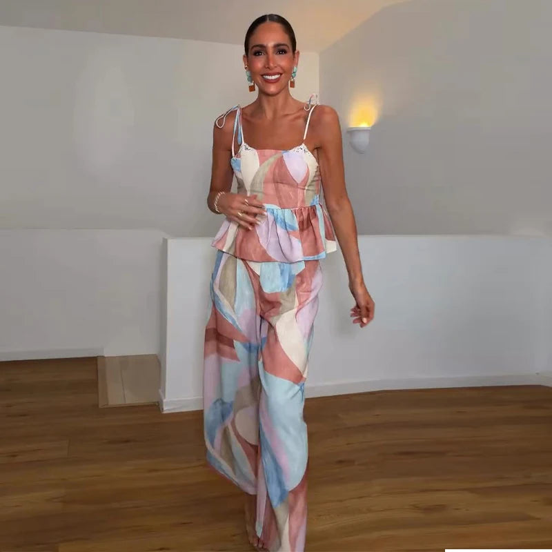 Pastel Print Cami Top Wide Leg Pants Set Ruffle Hem Sleeveless 2026 Summer Vacation Women Co-ord Set Chic Causal Lady Outfit