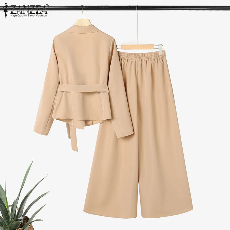 ZANZEA Elegant 2 Pieces Pant Sets Long Sleeve Belted Lightweight Blazer & Wide Leg Pant 2pcs Suits Office Lady Commuting Sets BAZAARHUBO