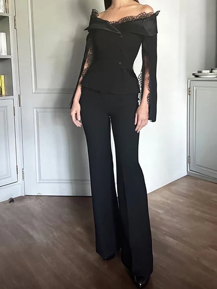 QMQA Fashion Women's 2 Pcs Set Slash Neck Long Sleeveless Patchwork Lace Blazer High Waist Slim Pants Sets Female New 1A656