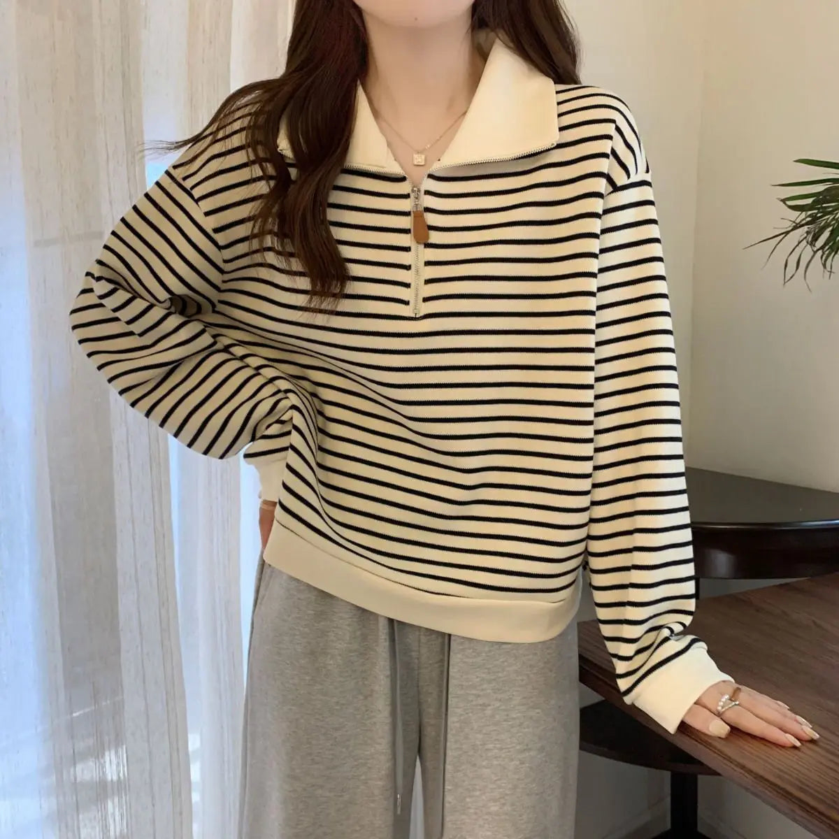 Women Striped Half Zip Sweatshirt Long Sleeve Collared Pullover Casual Fit  Fashion Oversized Streetwear Tops 2026 Tendencias BAZAARHUBO