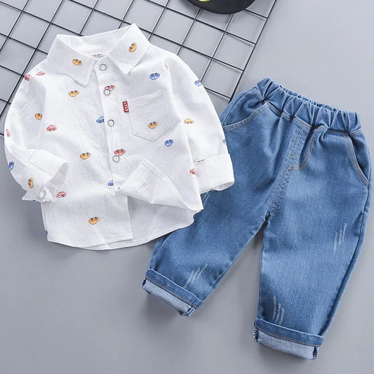 2-5 Years Spring Autumn Comfortable Casual Boys Clothing Set 2 Color Cartoon Car Full Sleeve Shirt + Jeans 2Pcs Outfit For Kids