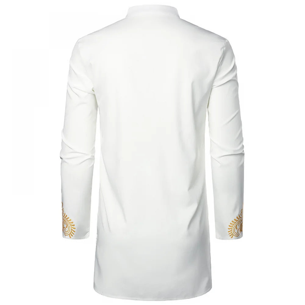 Men's Traditional African Shirt Print Golden Flowers Long Sleeve Shirt Ethnic Casual Outfits Wedding African Streetwear