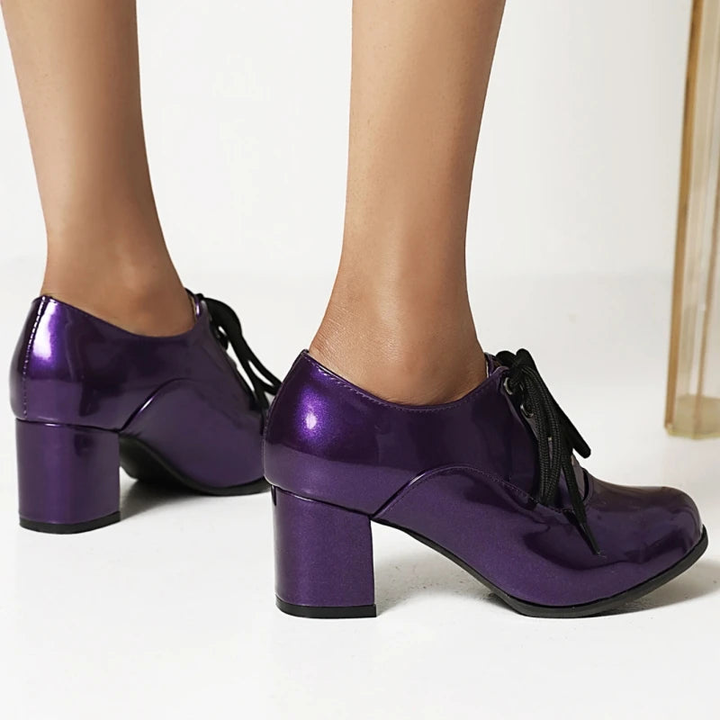 Women's Purple High Heels Loafer Shoes Fashion Lace-up Black White Block Heeled Party Wedding Office Shoes Female Big Size 45