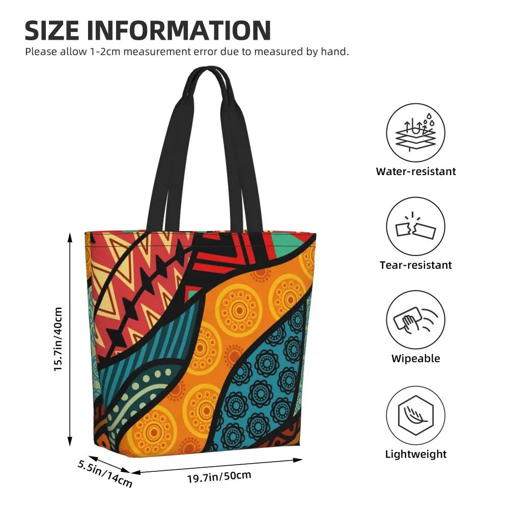 African Ankara Prints Grocery Shopping Tote Bags Women Geometric Ethnic Art Canvas Shoulder Shopper Bags Big Capacity Handbag