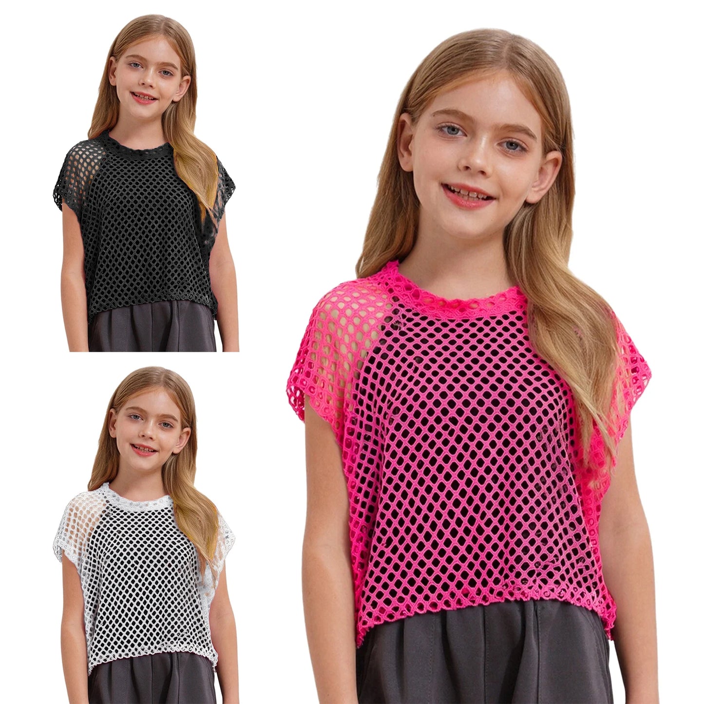 Kids Girls Fishnet Crop Tops T-shirt Casual Summer Short Sleeve See-Through Mesh T Shirt Female Hip-Hop Street Dance Clothing