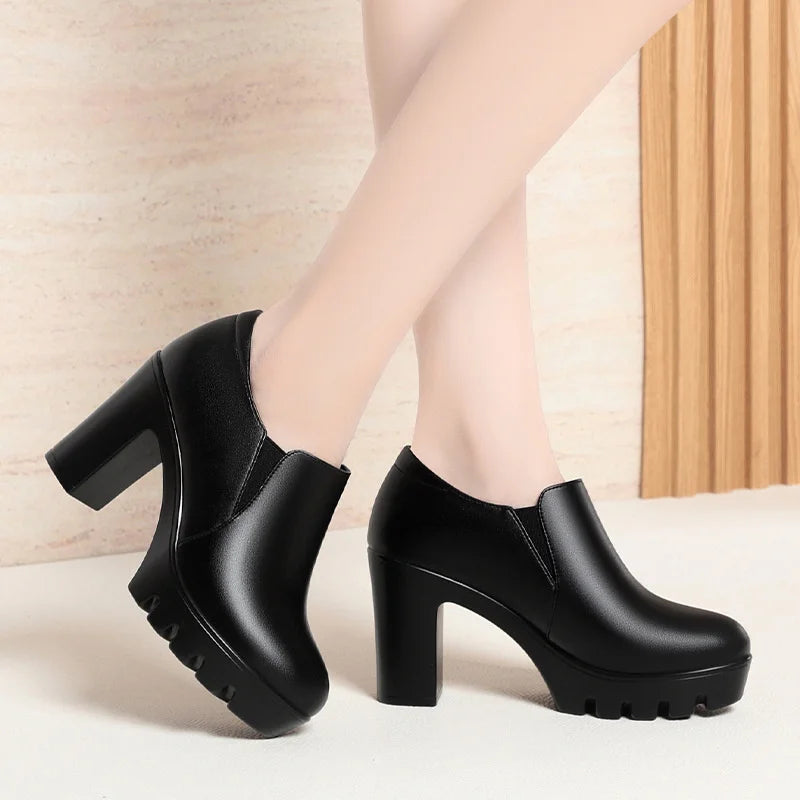 Round Toe Deep Mouth Single Shoes High Heels Thick Heels Versatile Spring Autumn Thick Sole Waterproof Platform Leather Shoes