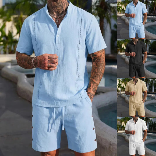 Men's Summer Fashion Cotton Linen Short-Sleeved Shirt And Breathable Short Pants Set Casual Lightweight Personalized Clothing