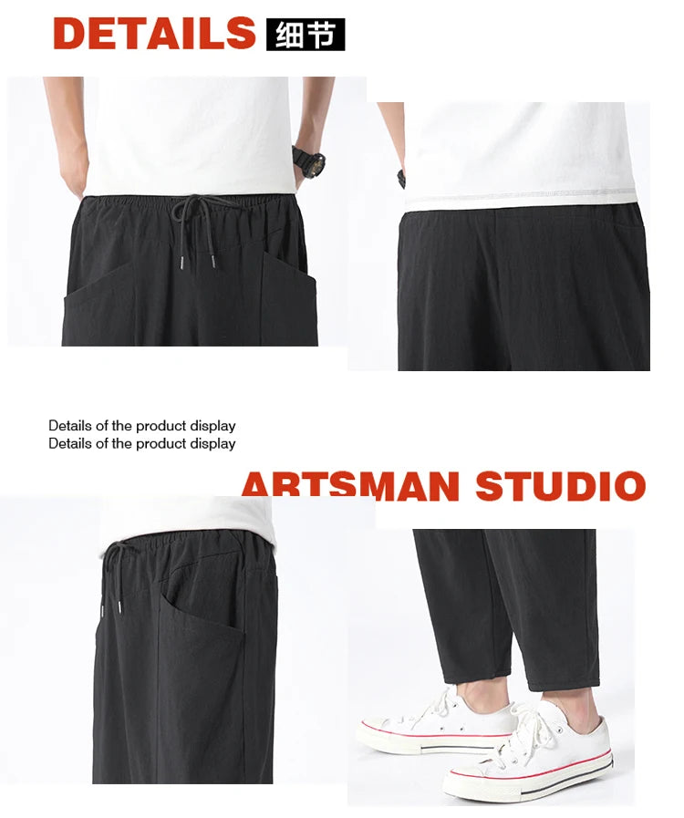 100% Cotton Men's Summer Casual Loose Pants Trendy Japanese Style Cropped Pants for plus Size Men up to 5XL