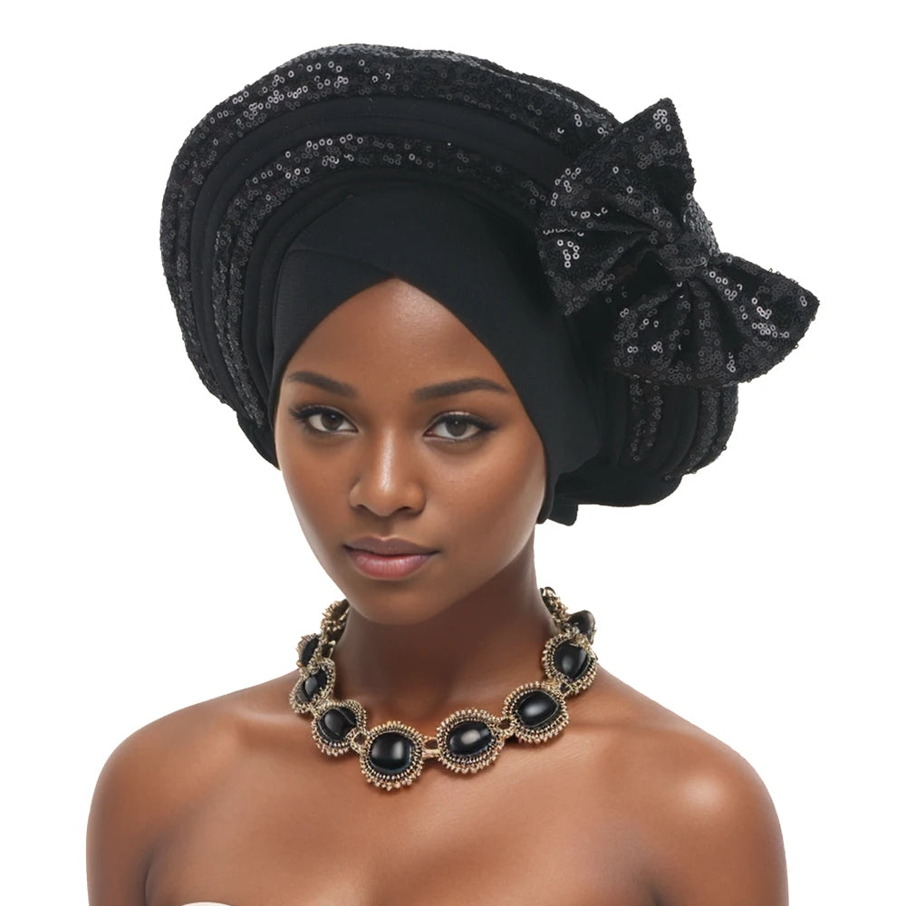 Sweet Bowknot Auto Gele Headtie for Women African Head Wraps Lady Party Headpiece Female Sequins Turban Cap