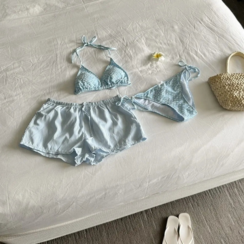 Casual Lace-up Women's Swimwear Set Mesh Transparent Beachwear 4Pieces Bikini Swimsuit Sun Protection Loose Bathing Suit Party