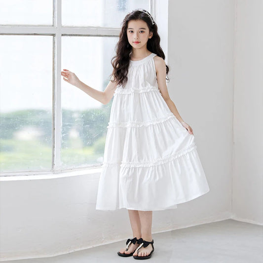 Fashion Korean Children's Clothes 2025 Elegant Dress For Girls Casual Dresses White Sleeveless Summer Dress Loose Girl Outfits