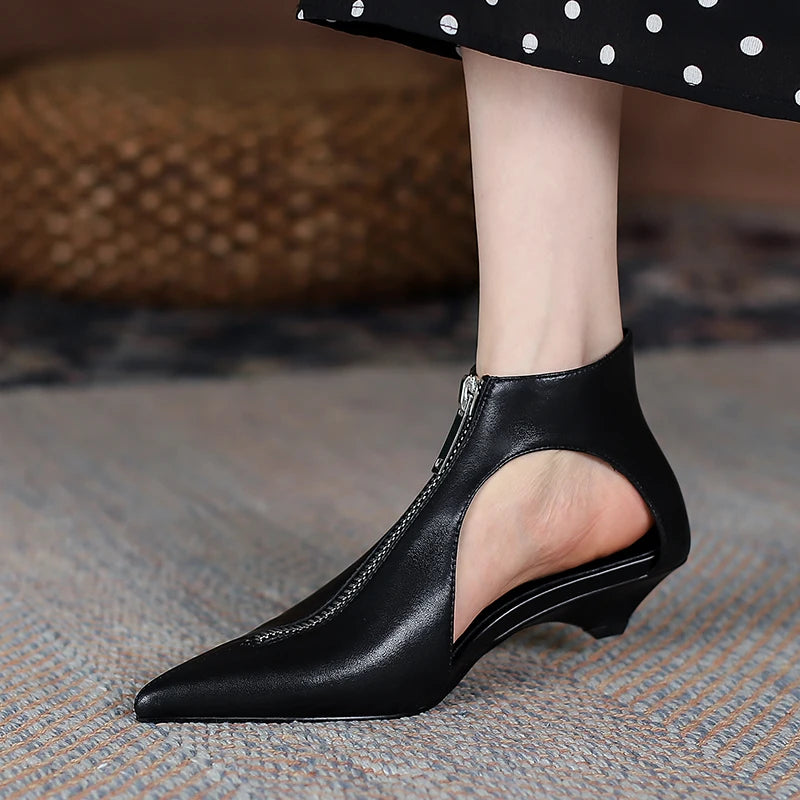 Original Design 2025 Spring Leather Women's Casual Black White Summer Boots Trendy Fashion Boots High Heels Zipper Shoes Woman
