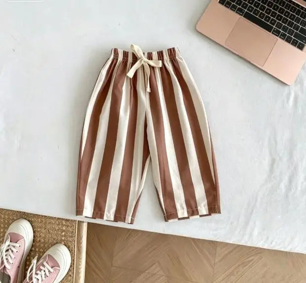 Kids Casual Loose Fit Pants Cotton Trousers With Striped Drawstring Design Multiple Color Choices Suitable For Boys And Girls