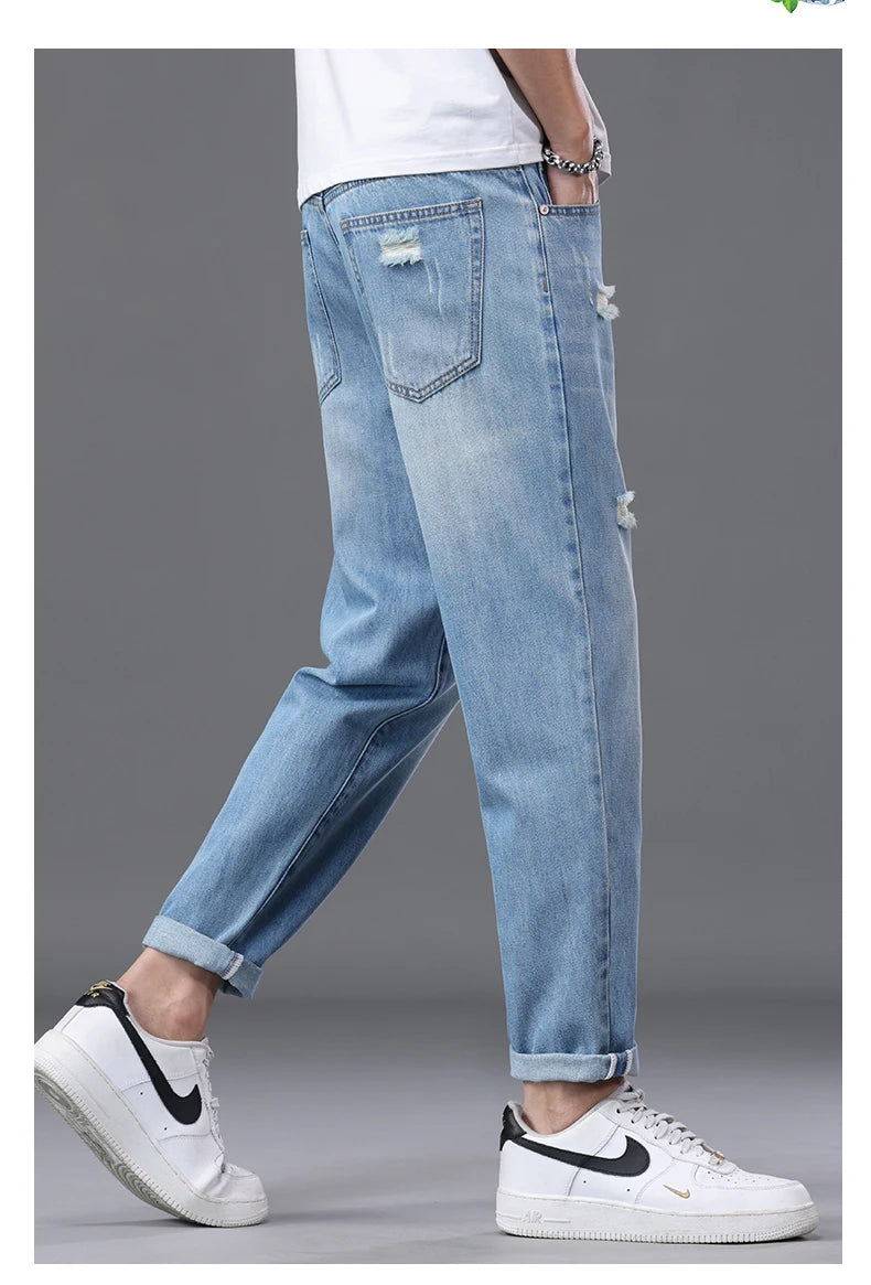 2026 Spring Summer Men's Ripped Jeans Cotton Trendy Straight Casual Denim Pants Trousers Outdoor Pastoral Outing