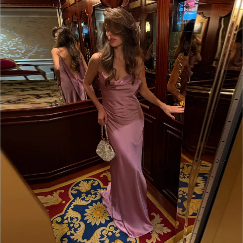 Sexy Backless Satin Women's Summer Dress V-neck Sleeveless Backless Slit Beach Sling Sundress 2026 Lady Chic Evening Party Robes